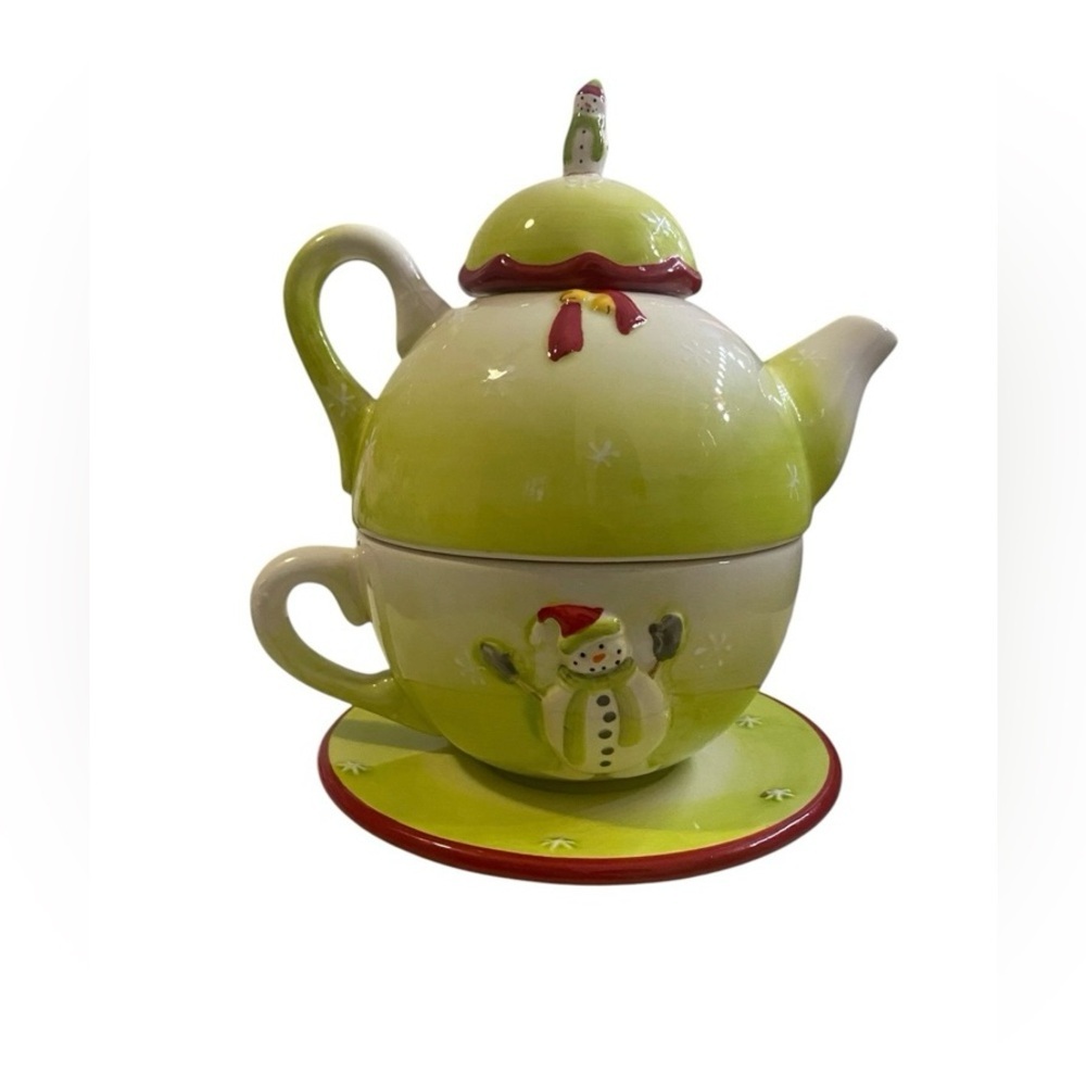 Debbie Mumm Christmas Holiday Snowman Themed Teapot Set with Mug